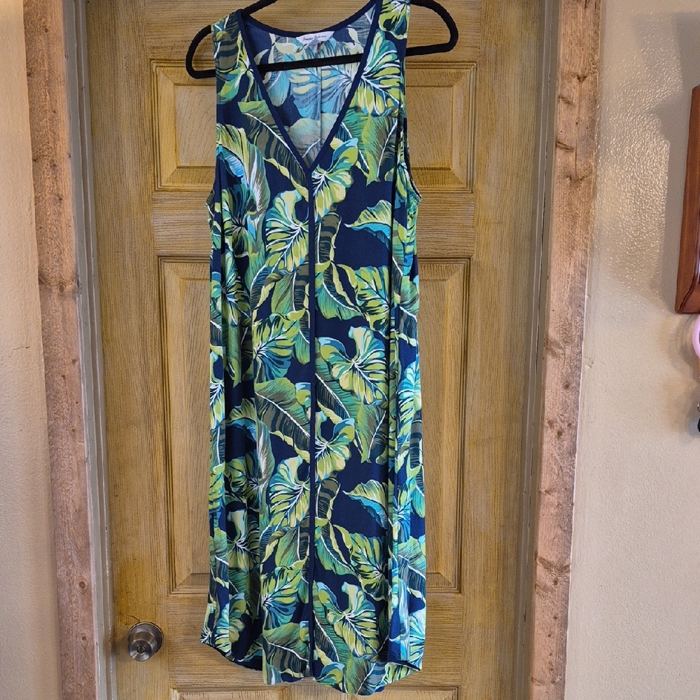 Tommy Bahama Sleeveless Tropical Print Dress Piping Detail Front Pleat Large